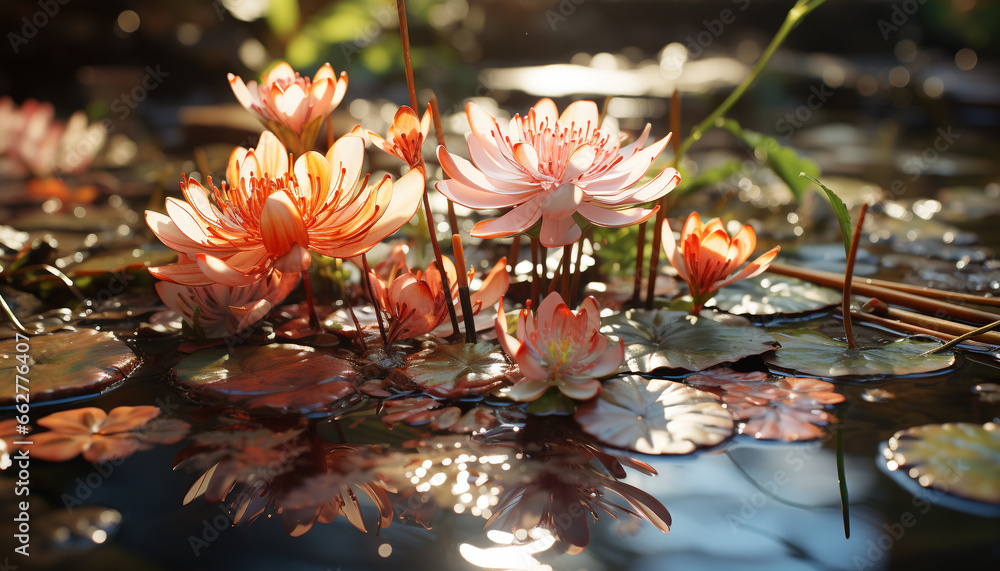 Vibrant colors of nature bouquet reflect in tranquil lotus pond generated by AI