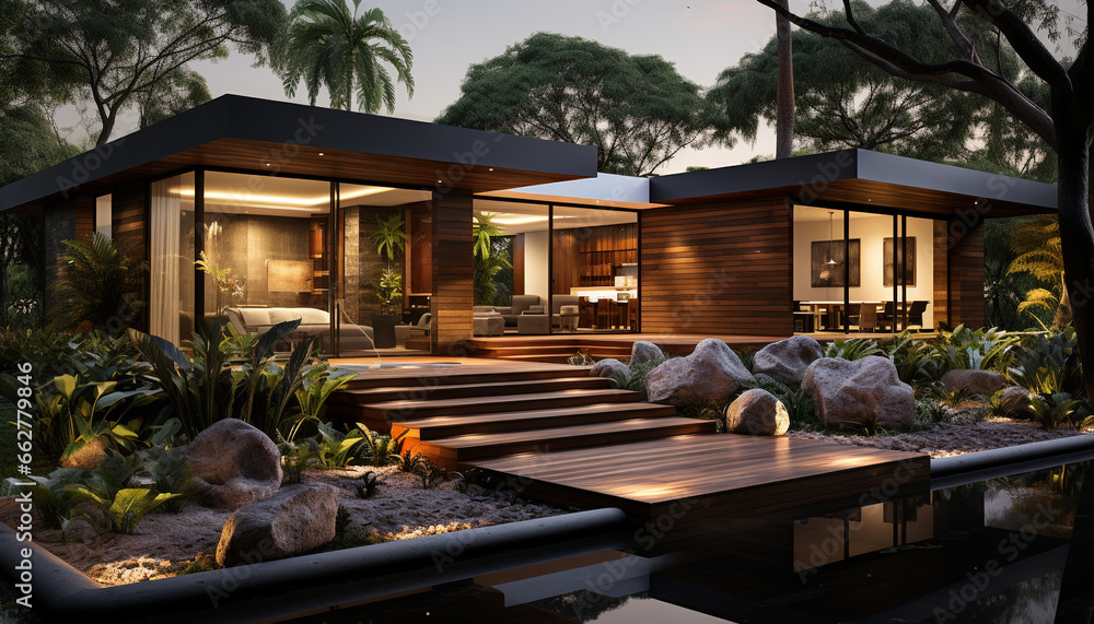 Night falls, revealing a modern, luxurious indoor oasis of relaxation generated by AI