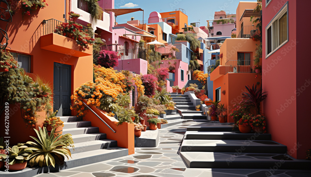 Vibrant color, modern architecture, staircase, flower pot, residential district, summer generated by AI