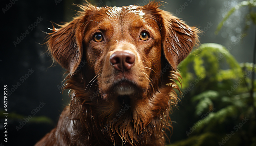 Cute puppy sitting in grass, wet fur, looking at camera generated by AI