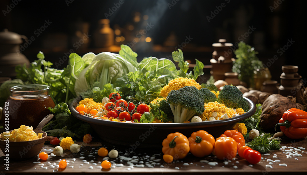 Freshness of nature bounty on a rustic wooden table generated by AI