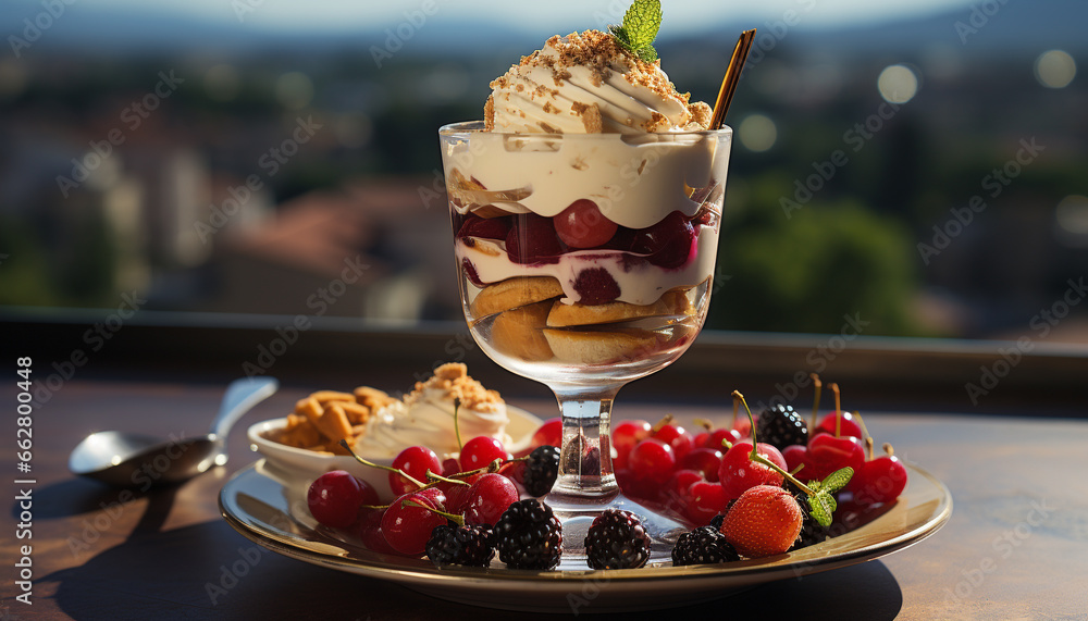 Freshness and sweetness on a wooden table, indulging in gourmet desserts generated by AI