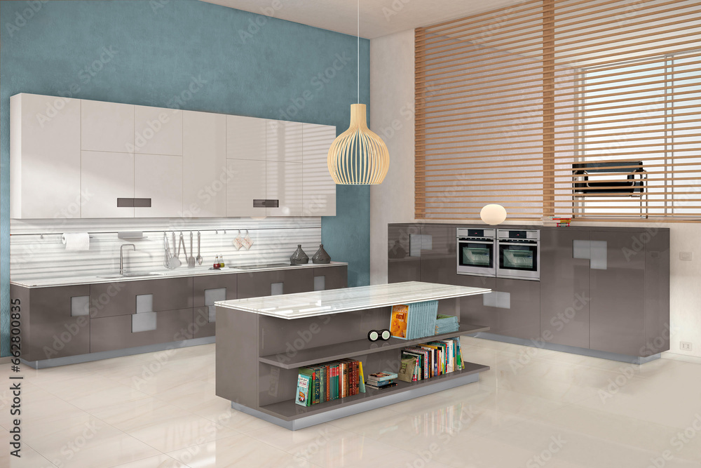 Modern luxury kitchen interior in minimal scandinavian style, 3d rendering