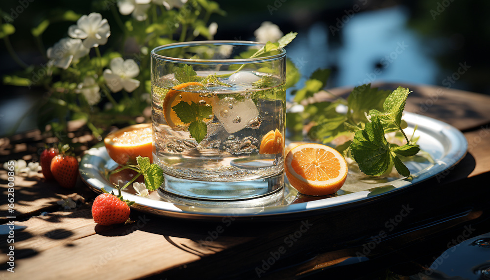 Refreshing summer drink with fresh fruit and ice on wooden table generated by AI