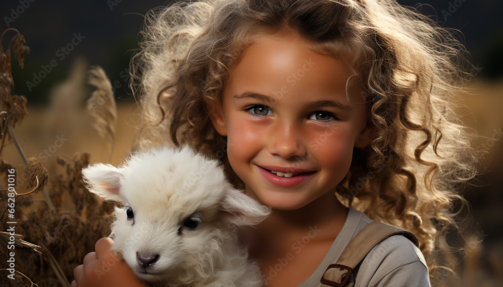 Cute child smiling with pets, enjoying childhood in small farm generated by AI