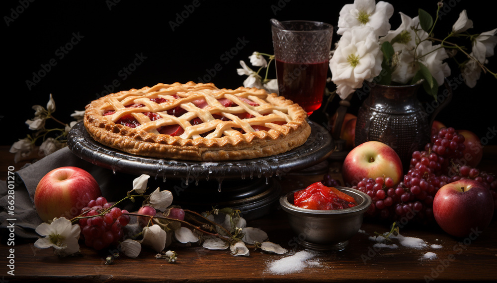 Freshness and sweetness on a wooden table, homemade apple pie generated by AI