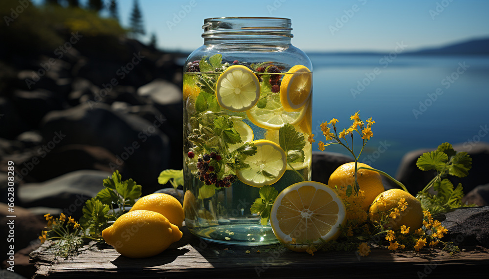 Fresh lemonade on a wooden table, a summer citrus drink generated by AI