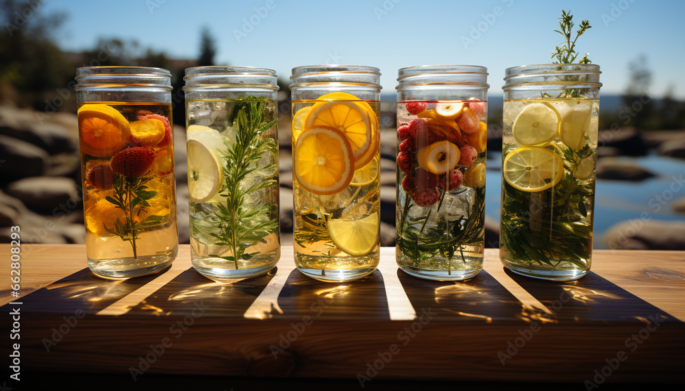 Freshness of summer fruit on table, ice, lemon, and water generated by AI