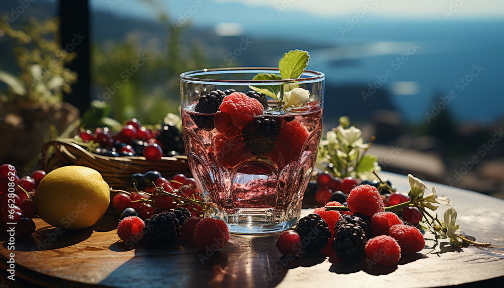 Juicy raspberry cocktail on wooden table, refreshing summer drink generated by AI