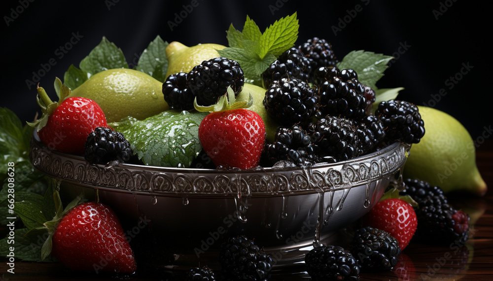 Freshness and sweetness in a bowl of ripe berry fruit generated by AI