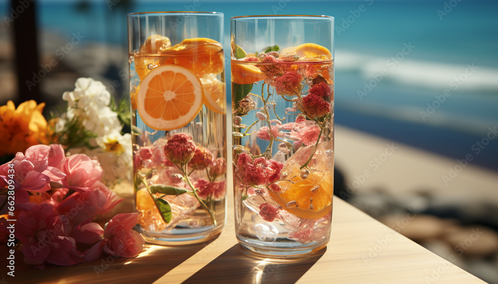 Summer drink, fresh fruit, ice, cocktail, table, drinking glass, alcohol generated by AI