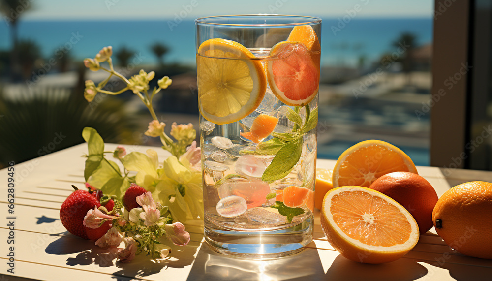 Refreshing summer drink with fresh citrus fruit on wooden table generated by AI