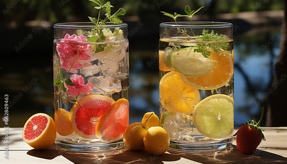 Refreshing summer cocktail with citrus fruit and ice on wooden table generated by AI