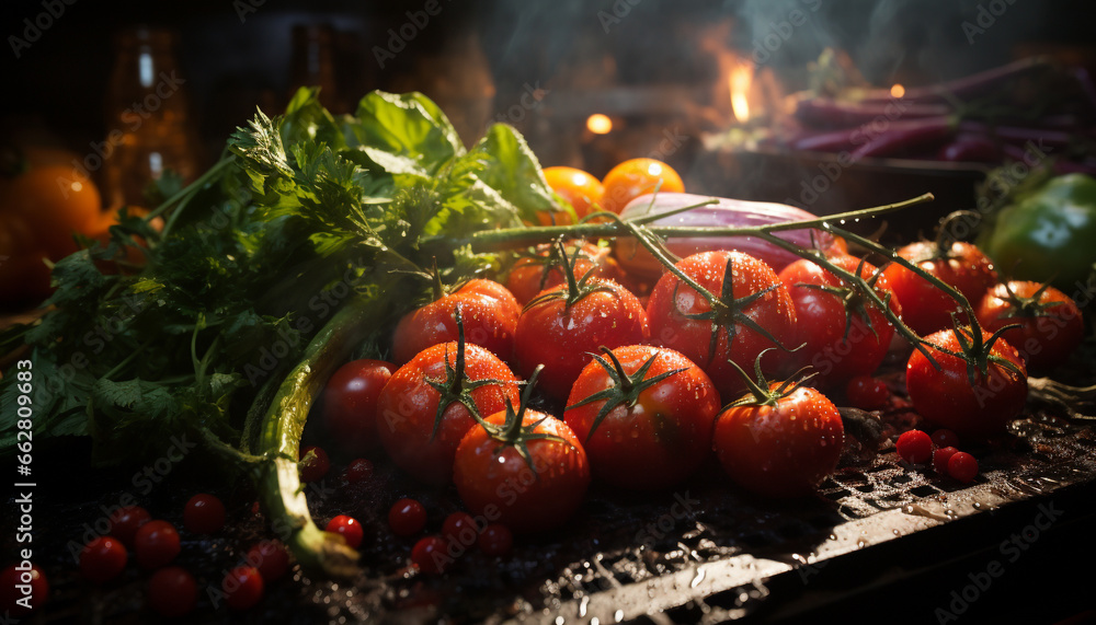 Freshness of nature bounty  healthy, organic, vegetarian meal on wood generated by AI