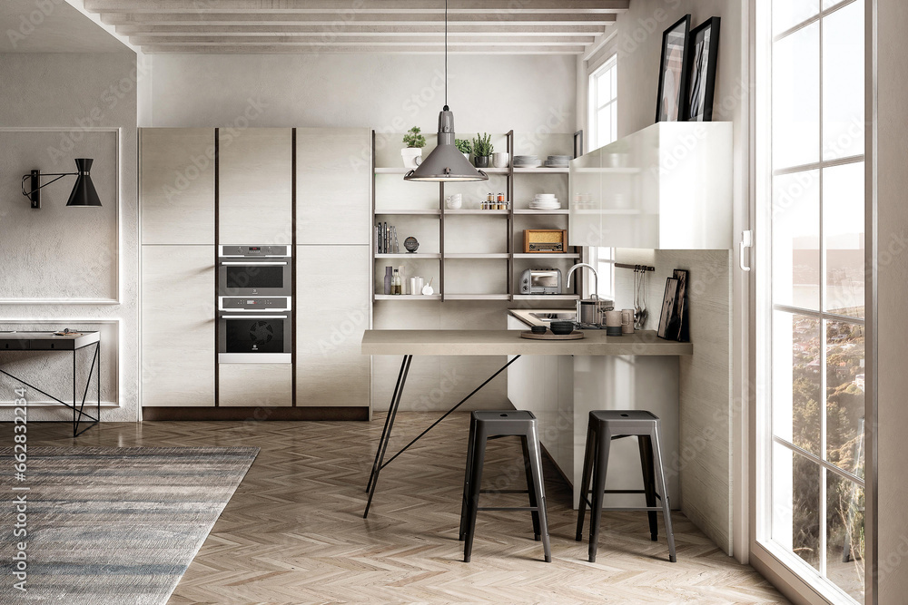 Modern luxury kitchen interior in minimal scandinavian style, 3d rendering