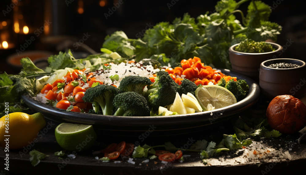 Freshness and variety on a wooden table, healthy vegetarian meal generated by AI