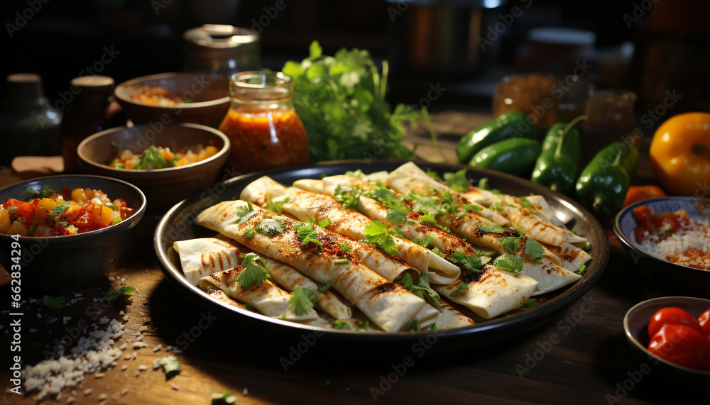 Freshness and gourmet meal on a wooden table, appetizing plate generated by AI