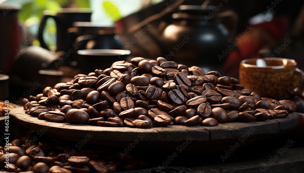 Freshness in a cup, nature aroma, a rustic coffee break generated by AI