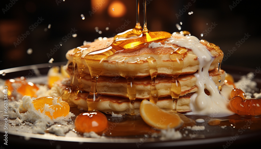 Freshly cooked pancakes stacked on a wooden plate, ready to eat generated by AI