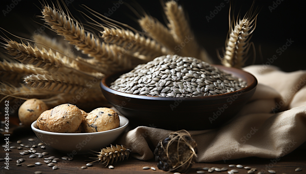 Fresh, healthy, organic wholegrain breakfast cereal on rustic wooden table generated by AI