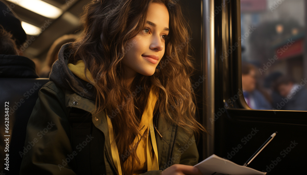 A young woman smiling, sitting in a car, traveling happily generated by AI