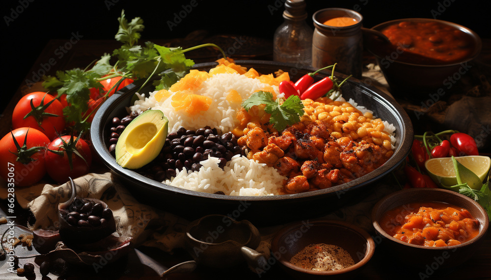 Freshness and health on a plate  tomato, vegetable, salad, avocado, parsley generated by AI