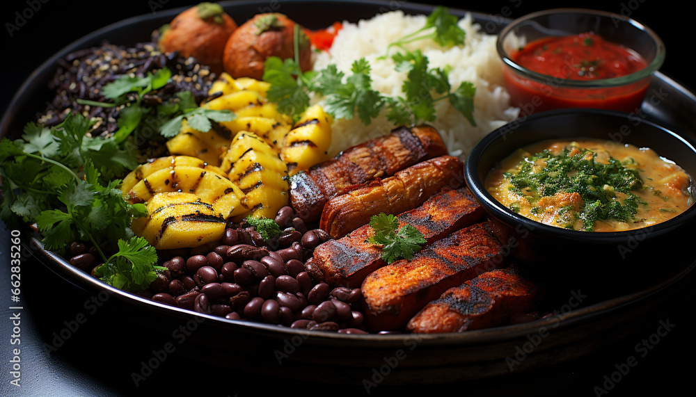 Freshness and heat on a plate, grilled meat and vegetables generated by AI