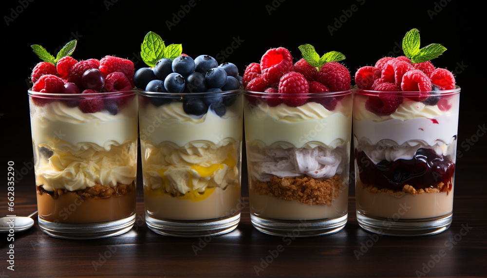 Raspberry dessert, fresh fruit, yogurt, gourmet snack, culinary parfait generated by AI