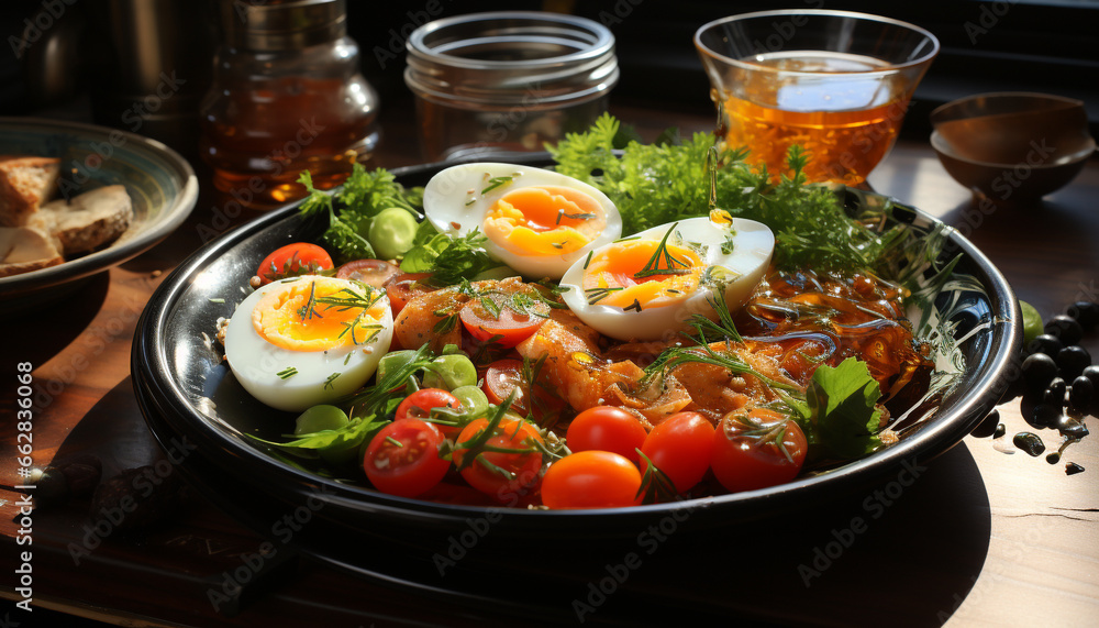 Freshness on plate  gourmet meal, healthy eating, cooked meat, vegetarian food generated by AI