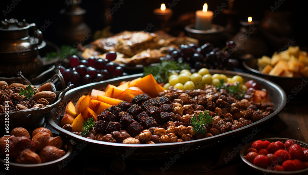 A variety of fresh fruits on a rustic wooden table generated by AI