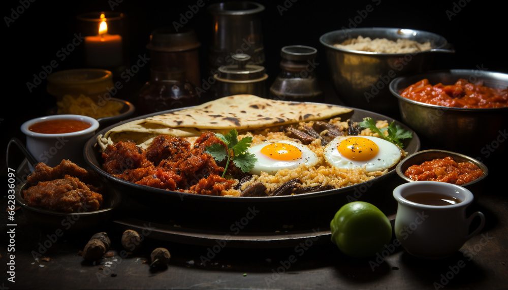 Grilled meat, spicy sauce, fresh vegetables, homemade guacamole on plate generated by AI