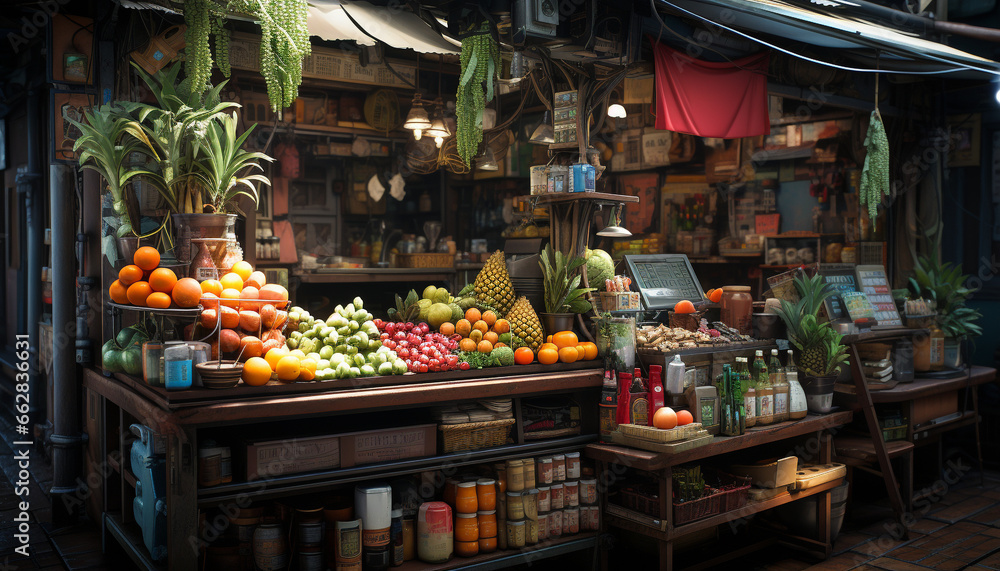 Freshness and abundance of healthy fruits and vegetables in a supermarket generated by AI