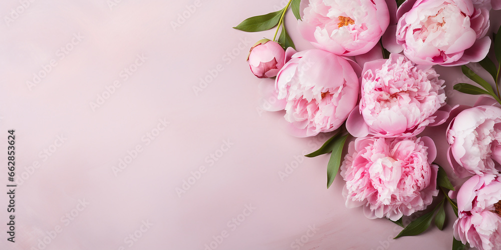 flat lay, peony flowers on a pink background. border of pink flowers with space for text.