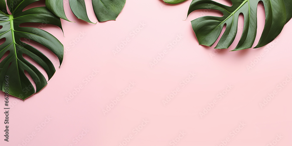 flat lay, monstera leaves on a pink background. tropical leaf border with space for text