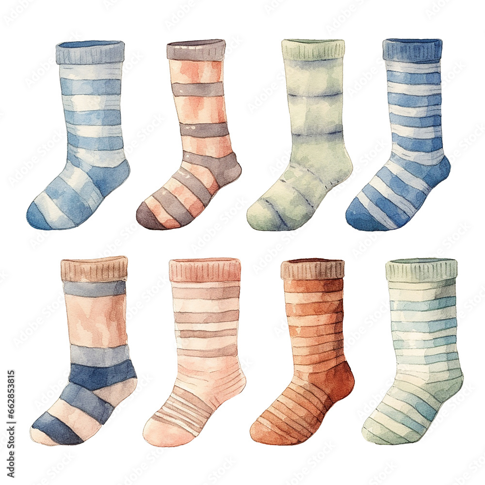 watercolor drawing, set of knitted striped socks. cute illustration in vintage style. cozy fall socks.