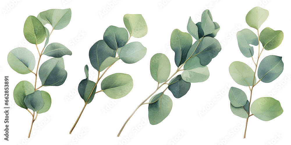 watercolor drawing, set of eucalyptus leaves. delicate illustration, clipart