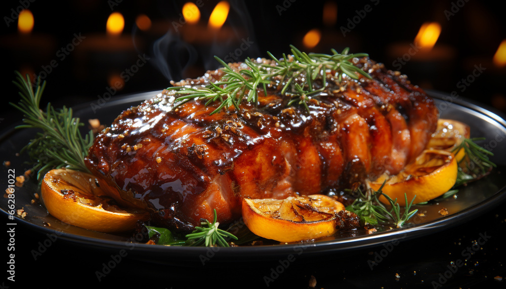 Grilled meat on plate, cooked slice, barbecue, flame, freshness, steak generated by AI