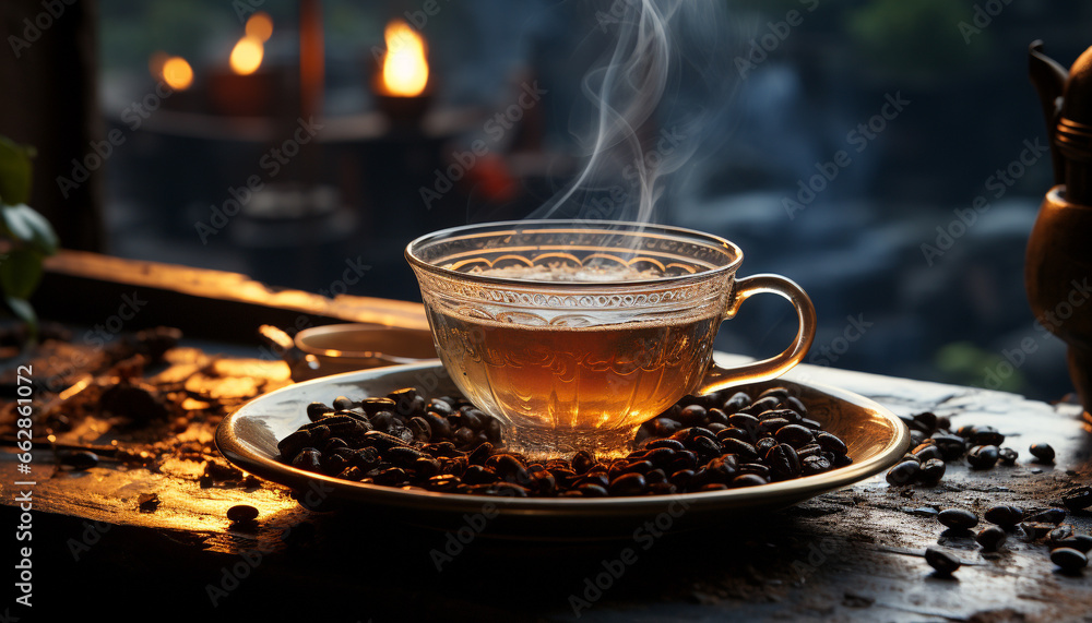 Coffee cup on wooden table, steam rising, creating a cozy atmosphere generated by AI