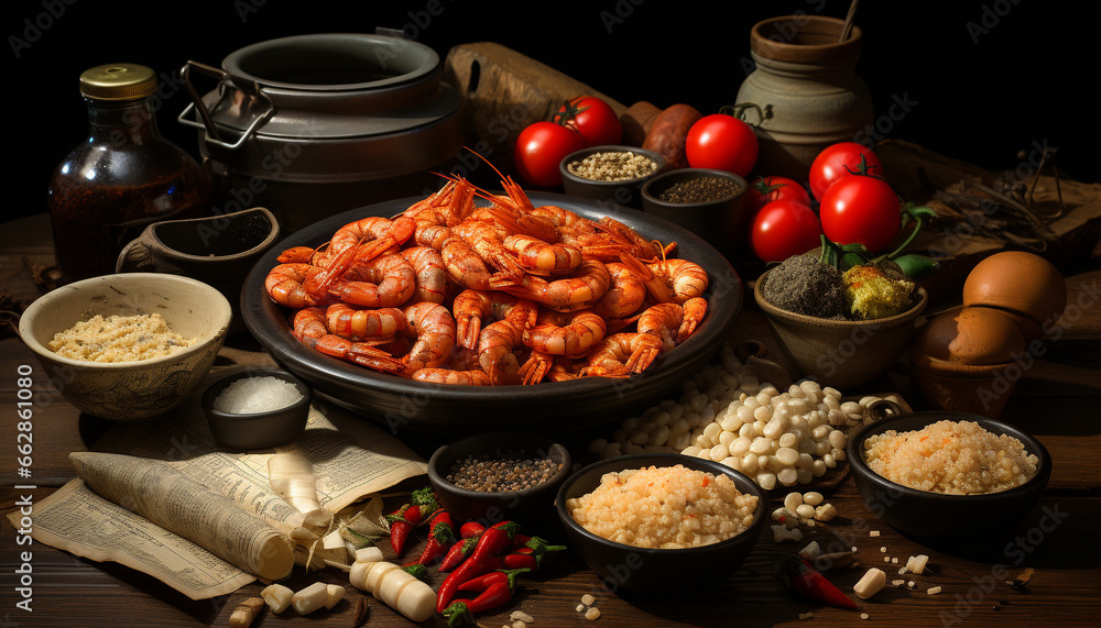 Fresh seafood cooked on a wood grill, a healthy gourmet meal generated by AI