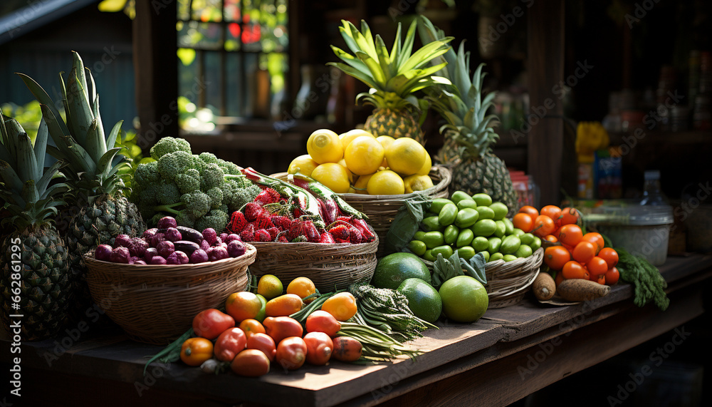 Freshness and variety of healthy fruits on a wooden table generated by AI