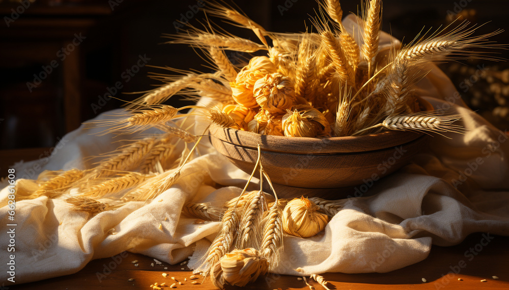 A rustic table displays a homemade loaf of fresh wheat bread generated by AI