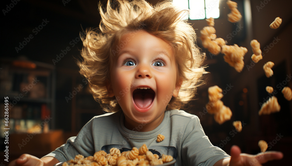 A cute, cheerful baby eating chocolate with a joyful expression generated by AI