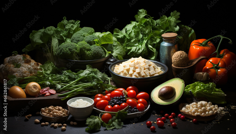 Freshness and variety on a wooden table, healthy gourmet vegetarian meal generated by AI