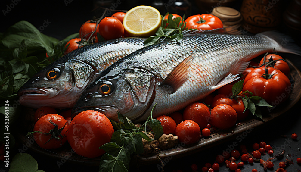 Freshness and nature on a plate, healthy eating with seafood generated by AI