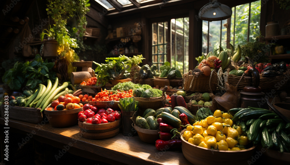 Freshness and variety of organic vegetables in a healthy food store generated by AI