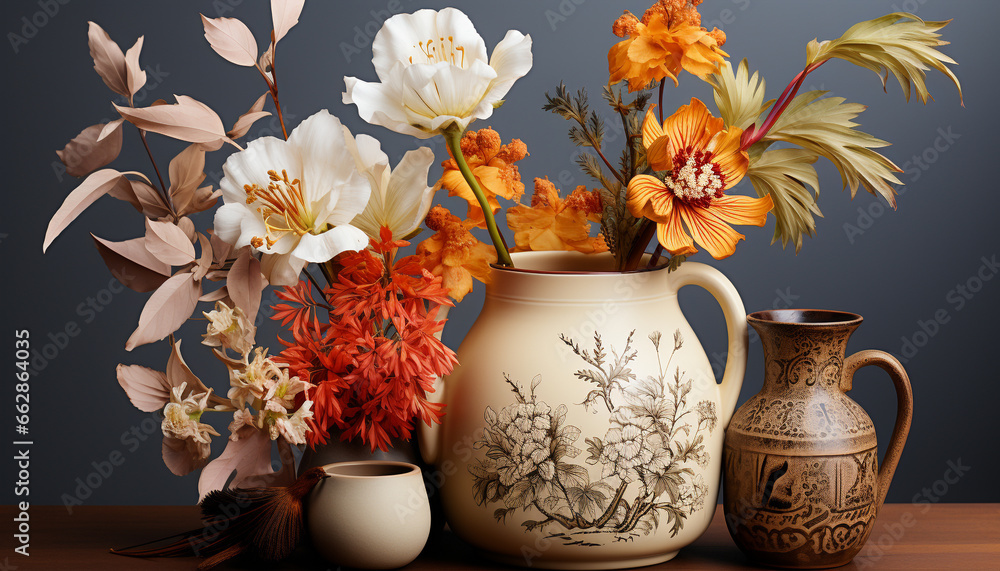 Vase decoration, jug flower, nature bouquet, leaf pottery decor wood generated by AI