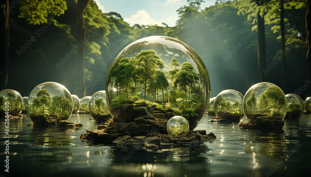 The transparent sphere reflects the beauty of nature underwater generated by AI