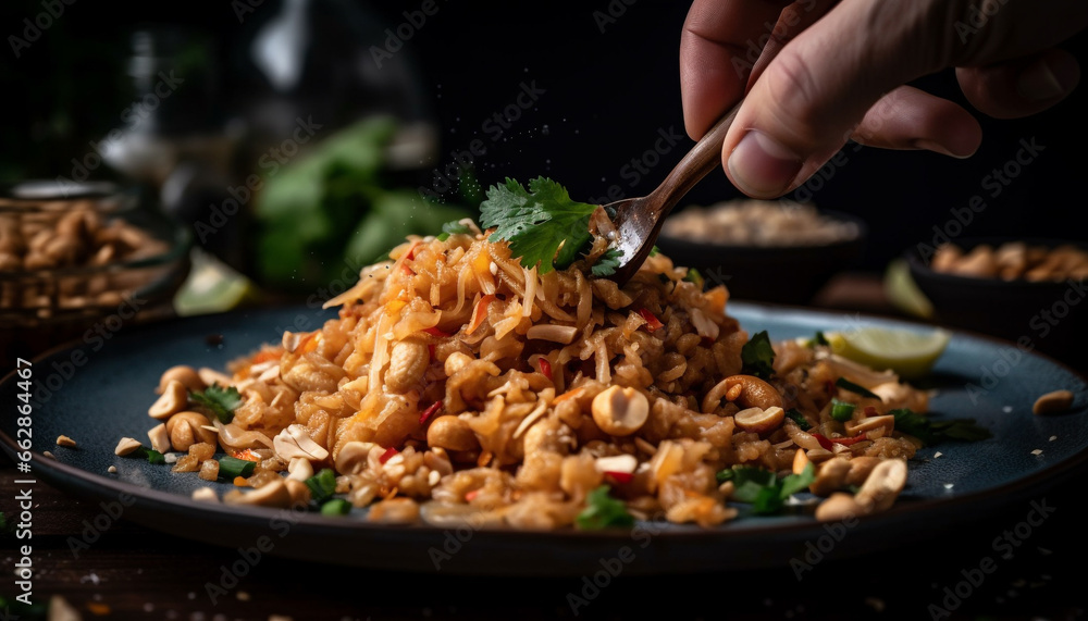 A plate of gourmet, healthy, vegetarian risotto with fresh vegetables generated by AI