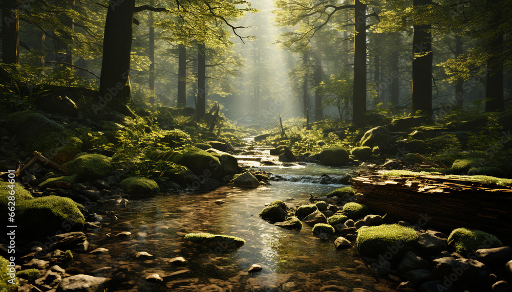 Tranquil scene of a wet autumn forest, beauty in nature generated by AI