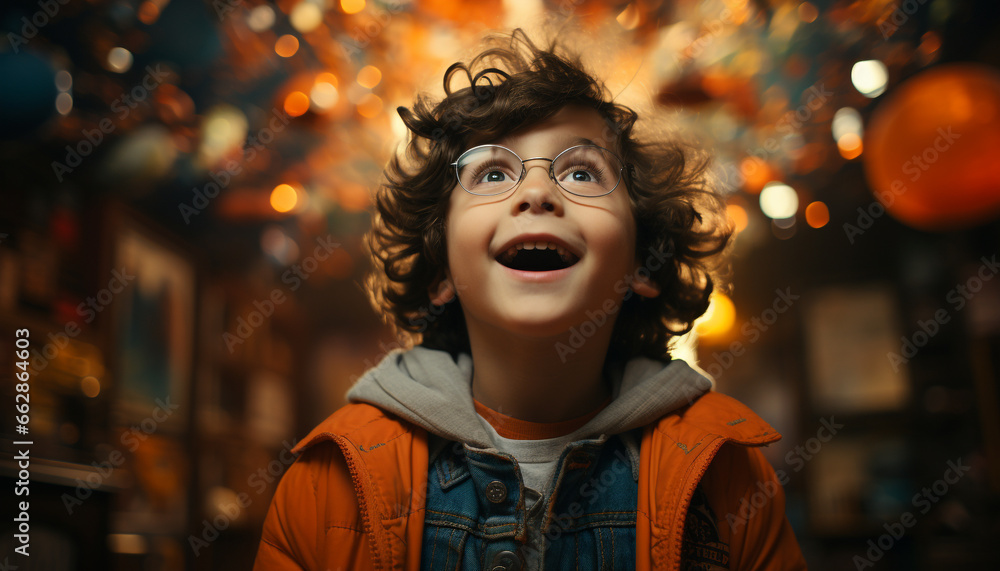 A joyful boy, illuminated by street light, smiles at camera generated by AI